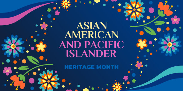 亚裔美国人和太平洋岛民传统月。矢量横幅的社交媒体，卡片，传单。插图与文字和鲜花。蓝色背景的亚太裔美国人传统月。图片下载