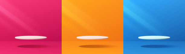 在粉色、橙色和蓝色的空房间里，一组漂浮在空中的3D逼真的白色圆柱形讲台。抽象向量几何形式。墙面最小场景模型产品舞台展示，促销展示。图片下载