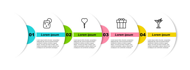 设置鸡尾酒线，气球心形，礼盒和马提尼杯。业务信息图模板。向量图片下载