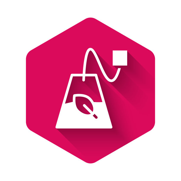 白色的茶包图标孤立着长长的影子。粉色六角形按钮。向量图片下载