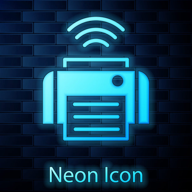 发光霓虹灯智能打印机系统图标隔离在砖墙背景。物联网概念与无线连接。向量图片下载