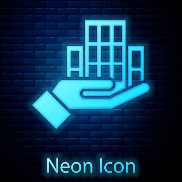 发光的霓虹灯摩天大楼图标隔离在砖墙背景。大都市建筑全景景观。向量图片下载