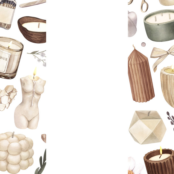 水彩框架的现代香薰蜡烛的大豆和椰子蜡，精油，工艺潮流蜡烛。手绘插图孤立的白色背景香薰，hygge家，冥想图片下载