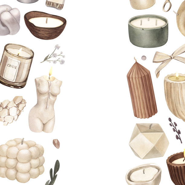水彩框架的现代香薰蜡烛的大豆和椰子蜡，精油，工艺潮流蜡烛。手绘插图孤立的白色背景香薰，hygge家，冥想图片下载