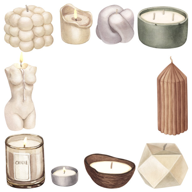 水彩框架的现代香薰蜡烛的大豆和椰子蜡，精油，工艺潮流蜡烛。手绘插图孤立的白色背景香薰，hygge家，冥想图片下载