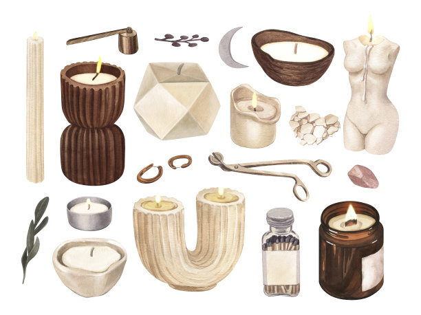 水彩套现代香薰蜡烛的大豆和椰子蜡，精油，工艺潮流蜡烛。手绘插图孤立的白色背景香薰，hygge家，冥想图片下载