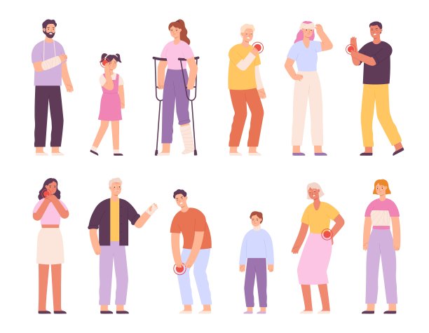 卡通人物受伤，骨折和石膏绷带在腿或手。成人和儿童在事故后用石膏和拐杖矢量集图片下载