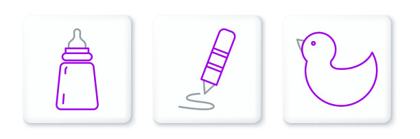 设置线橡皮鸭婴儿瓶和蜡笔图片下载