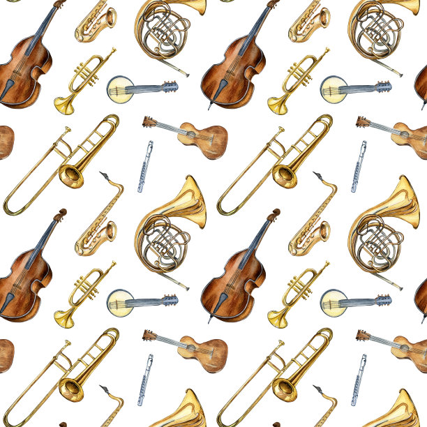 乐器无缝图案水彩隔离在白色上。图片下载