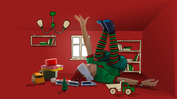 概念艺术拼贴与小孩躺在地板上，在小儿童房间的玩具恐惧，不适。内在世界概念，梦境，儿童心理学图片下载