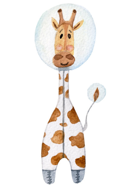 水彩可爱幼稚的插图，长颈鹿宇航员孤立在白色背景。图片下载