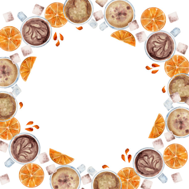 水彩手绘圈框花环与咖啡杯，方糖，橘子滴和片。孤立在白色背景上。用于邀请，咖啡馆，餐厅的食物菜单，打印，网站，卡片图片下载