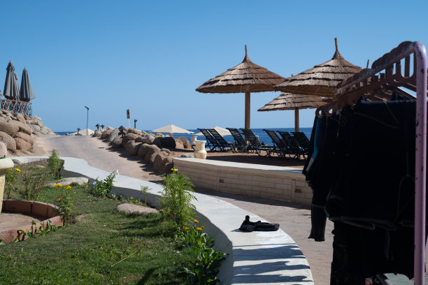 用过的潜水或冲浪潜水服整齐地挂在海边的衣架上图片下载