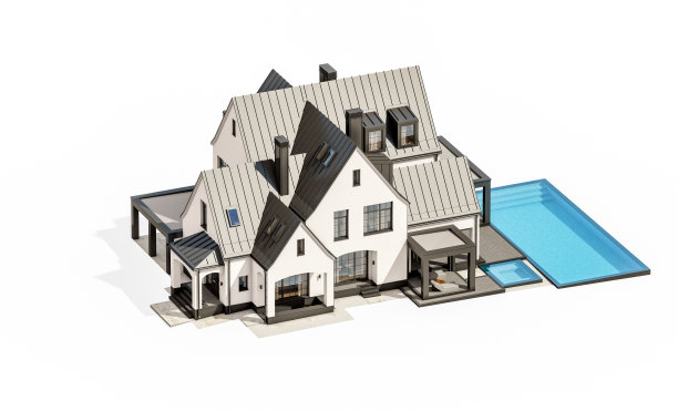 白色和黑色的现代都铎式房子孤立在白色的3d渲染图片下载