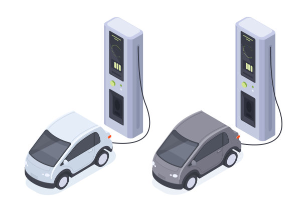 电动汽车充电。等距充电站，环保电动汽车，电动汽车家庭充电站隔离三维矢量插图图片下载