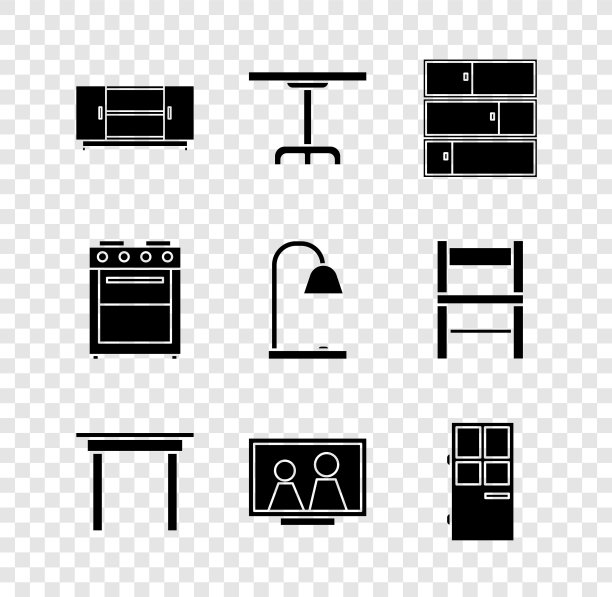 设置电视桌站，圆形，架子，木制，相框上，关闭的门，烤箱和台灯图标。向量图片下载