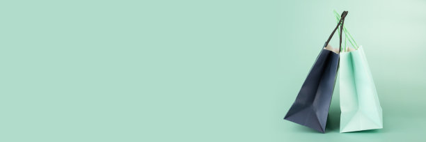 网上购物送货横幅，购物袋在绿色背景，复制空间，礼品袋图片下载