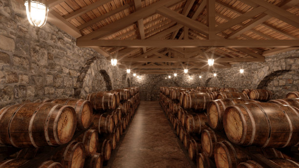 有石墙的地窖里有许多酒桶图片下载