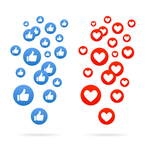 喜欢和心。竖起大拇指。飞翔的心。大小不一的红心飞走了。社交网络竖起大拇指。社交媒体概念。写博客。矢量图图片下载