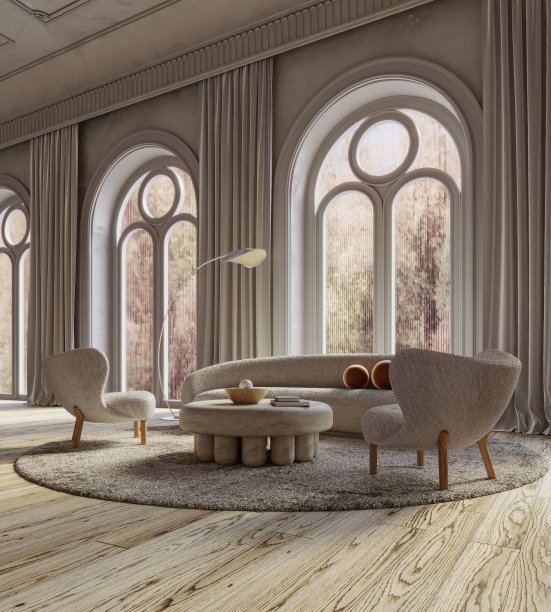 客厅内部有拱形窗户，3d渲染图片下载