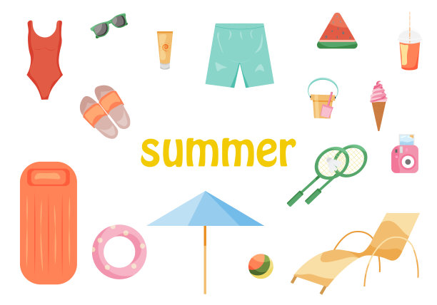 一套夏日沙滩服。白色背景上的矢量插图。暑假用品。图片下载