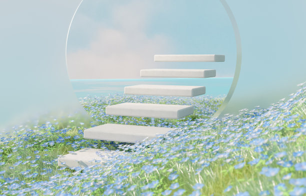 自然美景讲台背景与春天的蓝色花卉景观景象。图片下载
