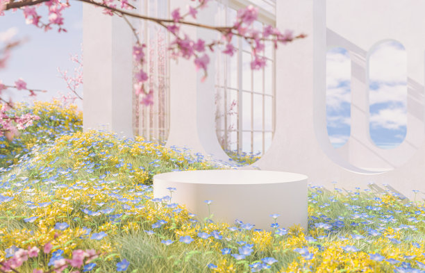 自然美丽的讲台背景与春天樱花风景樱花。图片下载