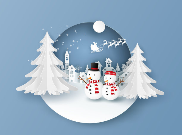 圣诞快乐或新年快乐卡在冬季景观与房屋，建筑，圣诞老人吉祥物和雪人的蓝色背景。剪纸设计中的矢量插图艺术。图片下载