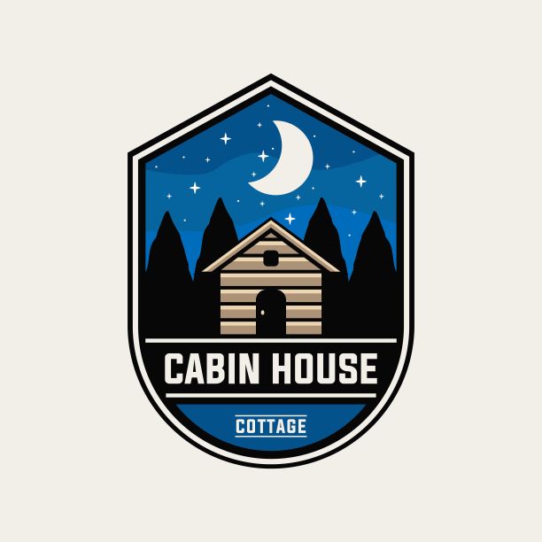 客舱房屋标签矢量模板。小屋森林小屋图形徽章补丁徽记风格的插图。图片下载