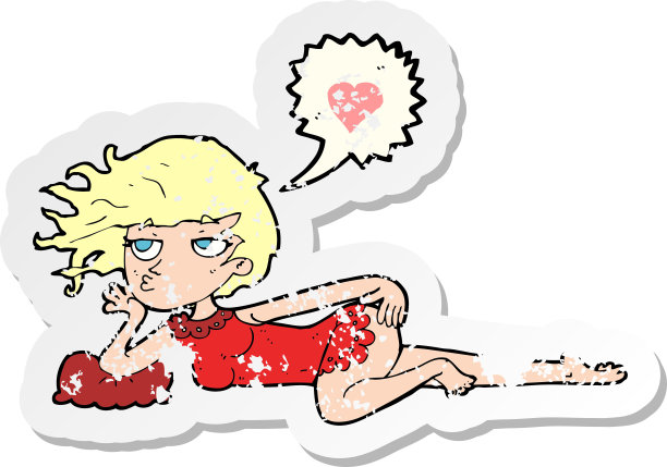 一个穿着睡衣的卡通女人的复古心疼贴纸图片下载