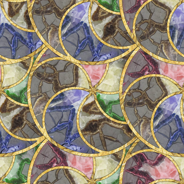 窗饰无缝模式。圆,段。马赛克，插图在彩色玻璃风格。无缝混沌图案壁纸，纺织印花，瓷砖。装饰性的小叶波。东方模式图片下载