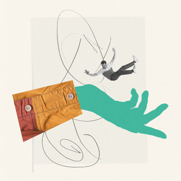 当代艺术拼贴。创意设计。男人倒在巨大的手上，象征着抑郁和失败时期的精神支持图片下载