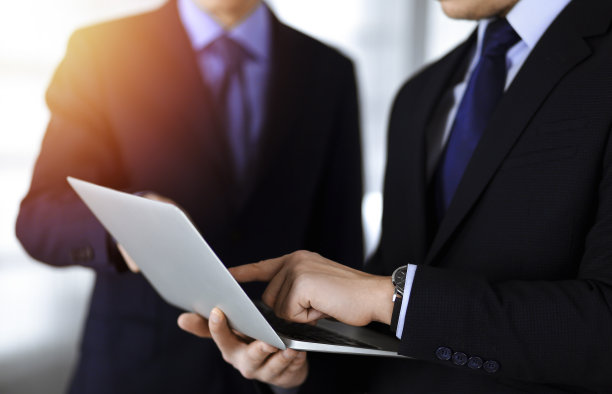 商务人士站在阳光明媚的现代办公室里，在会议上讨论演示文稿。不知名的商人和同事在笔记本电脑上搜索一些信息，律师在谈判。团队合作及伙伴关系理念图片下载