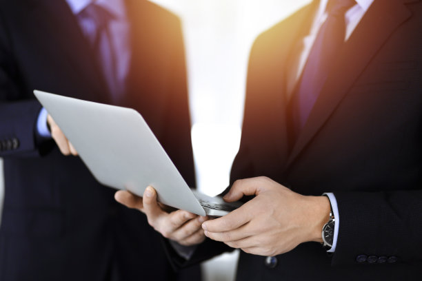 商务人士站在阳光明媚的现代办公室里，在会议上讨论演示文稿。不知名的商人和同事在笔记本电脑上搜索一些信息，律师在谈判。团队合作及伙伴关系理念图片下载