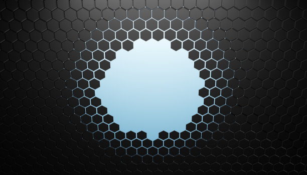 黑色几何六边形抽象背景。表面多边形图案与发光的六边形。三维演示图片下载