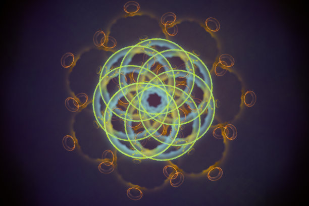 绿色橙色圆形花卉图案曲线线上的黑色背景。图片下载