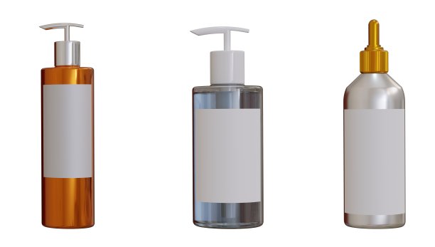 模拟现实的光滑透明的玻璃化妆品肥皂，洗发水，面霜，油滴管和喷雾瓶设置与白色的皮肤护理产品背景插图。3d渲染。图片下载