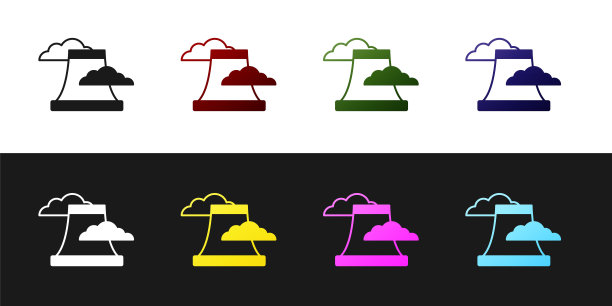 设置核电站图标隔离在黑色和白色背景。能源工业概念。向量图片下载