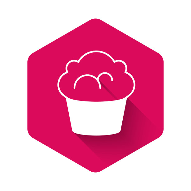 白色松饼图标孤立的长阴影背景。粉色六角形按钮。向量图片下载