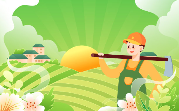 农民在春天播种，农场和村庄为背景，矢量插图图片下载