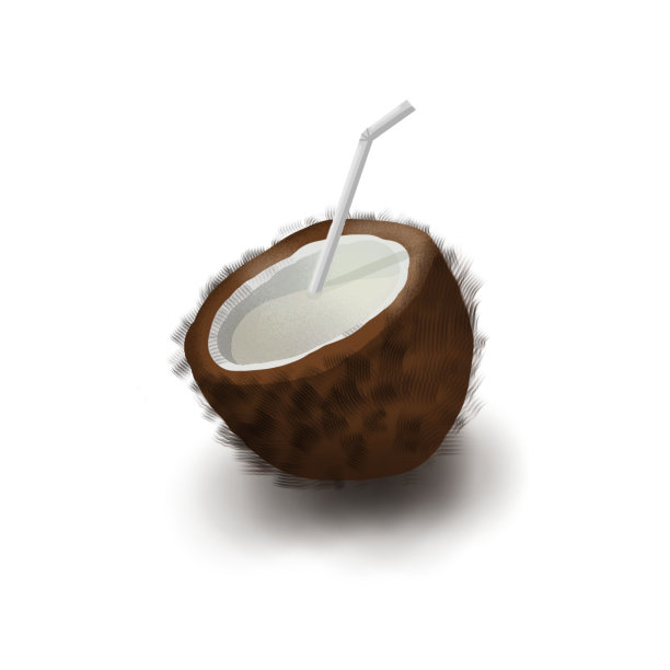 打开椰子与牛奶和稻草隔离在白色，数字插图图片下载