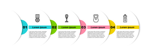 设定线奖章，沙袋，壶铃和健身摇壶器。业务信息图模板。向量图片下载