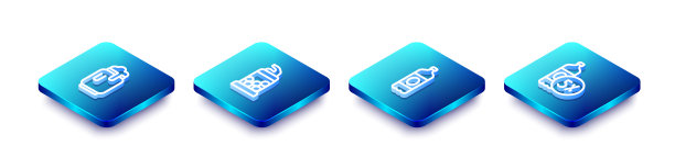 设置等距线啤酒罐与泡沫，开瓶器，塑料啤酒瓶和图标。向量图片下载