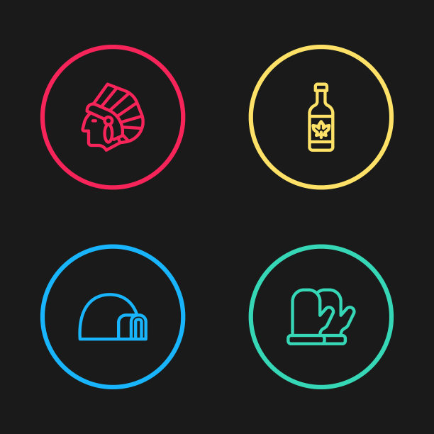 设置线冰屋，圣诞手套，啤酒瓶和美洲印第安人的图标。向量图片下载