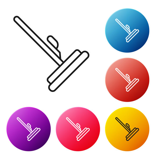 黑线拖把图标孤立在白色背景上。清洁服务理念。设置图标彩色圆圈按钮。向量图片下载