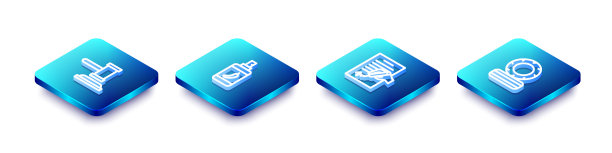 2.5D法官木槌、辣椒喷雾、请愿书和燃烧的轮胎图标图片下载