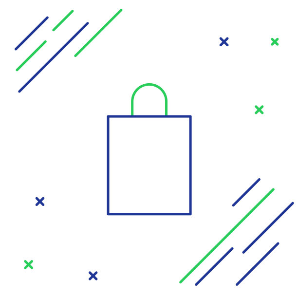 蓝色和绿色线纸购物袋图标孤立在白色背景。包的迹象。彩色轮廓概念。矢量图图片下载