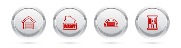设置行车库，挂招牌与租金，和房子。银色圆圈按钮。向量图片下载
