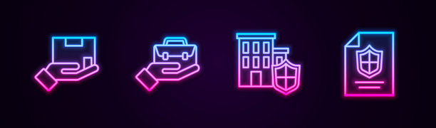 设置送货保险，手提公文包，带盾的房子和合同。发光的霓虹灯图标。向量图片下载