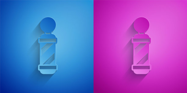 剪纸经典理发店的杆子图标孤立在蓝色和紫色的背景。理发店的杆子符号。纸艺术风格。向量图片下载